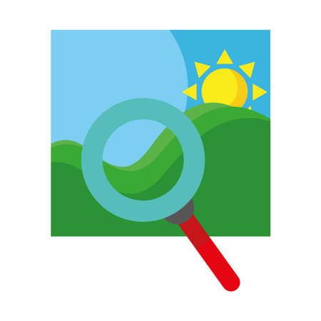 picture of sea waves and sun seascape scene with magnifying glass flat style icons vector illustration designのイラスト素材