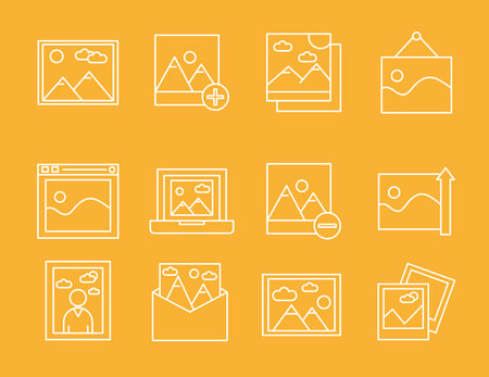 bundle of twelve pictures with differents scenes line style icons vector illustration designのイラスト素材
