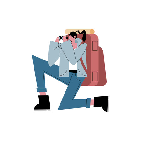Hiker woman cartoon with bag and binoculars design, Explorer walker excursionist tripper tourist and travel theme Vector illustrationのイラスト素材