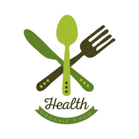 health organic food, label with fork, knife and spoon on white background vector illustration designのイラスト素材