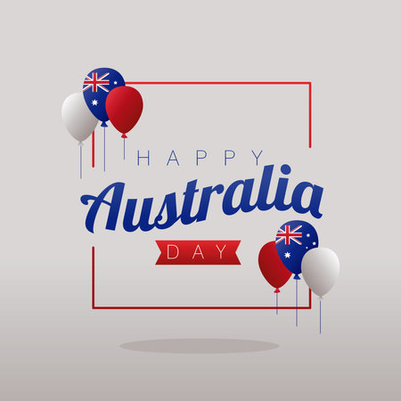happy australia day lettering in frame square and balloons helium decoration vector illustration designのイラスト素材