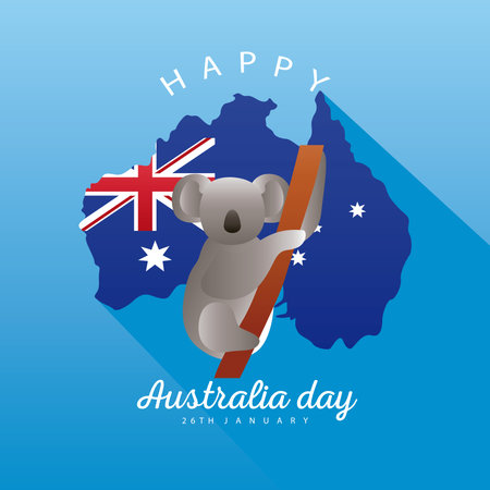 happy australia day lettering with koala and map decoration over blue background vector illustration designのイラスト素材