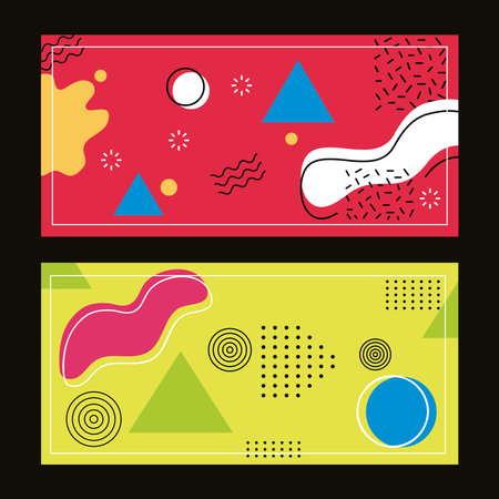 two backgrounds memphis style and geometric shapes vector illustration designのイラスト素材