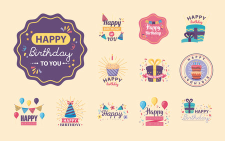 twelve badges happy birthday with decoration vector illustration designのイラスト素材