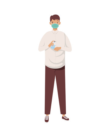 covid prevention, young man wearing medical mask with bottle antibacterial in hands vector illustration designのイラスト素材