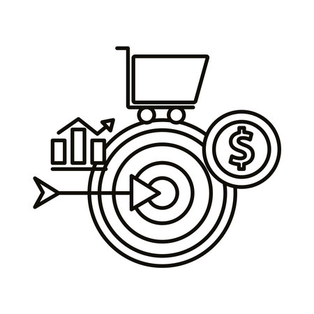 Digital marketing target with bars chart cart and coin line style icon design, ecommerce and shopping online theme Vector illustrationのイラスト素材