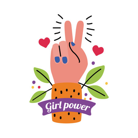 Girl power love and peace hand with leaves and hearts design of Woman empowerment female feminism and rights theme Vector illustrationのイラスト素材