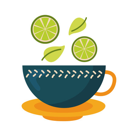 Tea cup with lemons and leaves design, Time drink breakfast and beverage theme Vector illustrationのイラスト素材