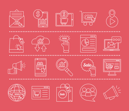 Digital marketing line style symbol set design, ecommerce and shopping online theme Vector illustrationのイラスト素材
