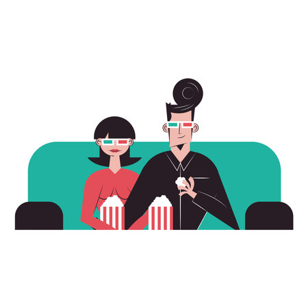 Romantic couple cartoons seeing 3d movie with glasses and popcorns design, Relationship love and romance theme Vector illustrationのイラスト素材