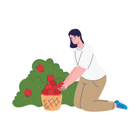 farmer female cultivating tomatoes avatar character vector illustration designのイラスト素材