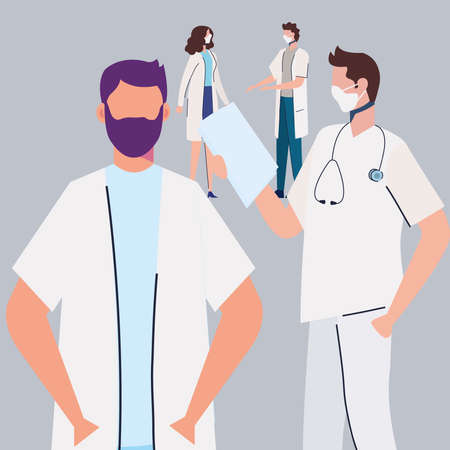 doctors group wearing medical masks standing vector illustration designのイラスト素材