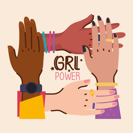girl power lettering and diversity hands vector illustration designのイラスト素材