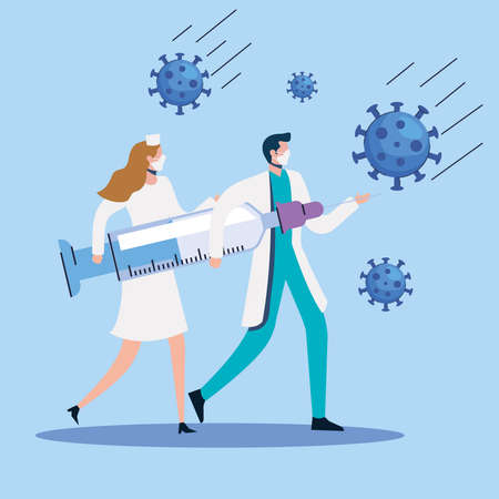 particles with doctors couple and syringe vector illustration designのイラスト素材