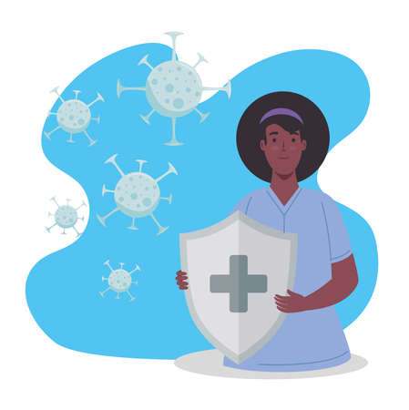 afro woman lifting shield with virus particles immune system vector illustration designのイラスト素材