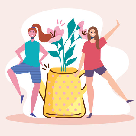 cute happy young women couple with floral decoration vector illustration designのイラスト素材