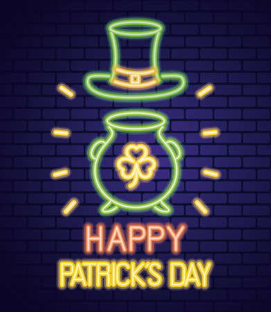 saint patricks day neon light with leprechaun hat and clover in cauldron vector illustration designのイラスト素材