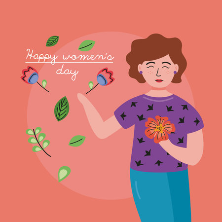 happy womens day lettering card with girl and flowers vector illustration design