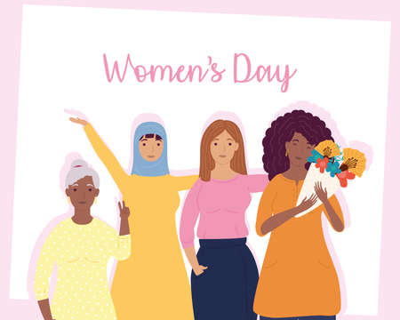 womens day lettering with group of interracial girls characters vector illustration designのイラスト素材