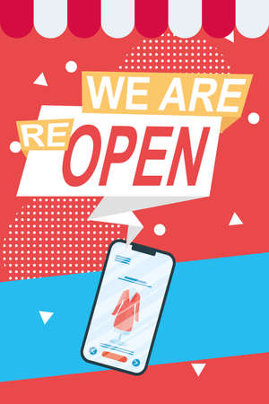 we are reopen commercial label with smartphone vector illustration designのイラスト素材