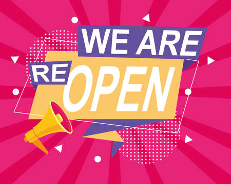 we are reopen commercial label with megaphone in pink background vector illustration designのイラスト素材