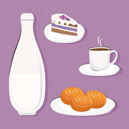 bundle of four breakfast delicious icons in purple background vector illustration designのイラスト素材