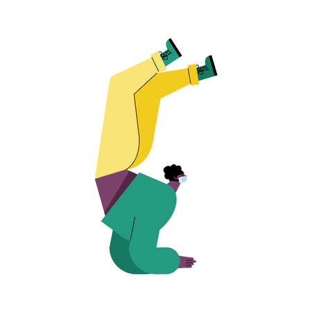 afro young man wearing medical mask dancing break dance vector illustration designのイラスト素材