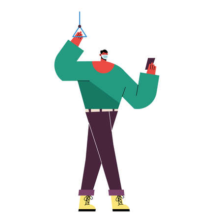 young man wearing medical mask with smartphone in transport public vector illustration designのイラスト素材