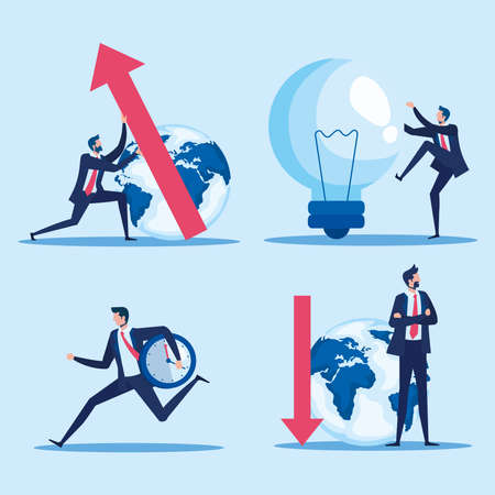 elegant businessmen workers with earth planet and icons vector illustration designのイラスト素材