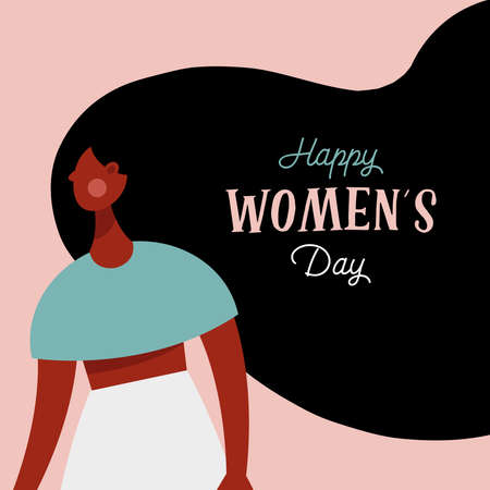 happy womens day lettering in hair of afro girl vector illustration designのイラスト素材
