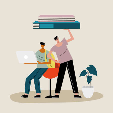young men couple lifting books and using laptop characters vector illustration designのイラスト素材