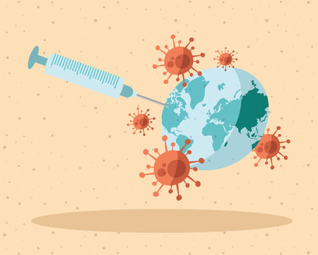 injection syringe vaccine with virus in earth planet vector illustration designのイラスト素材