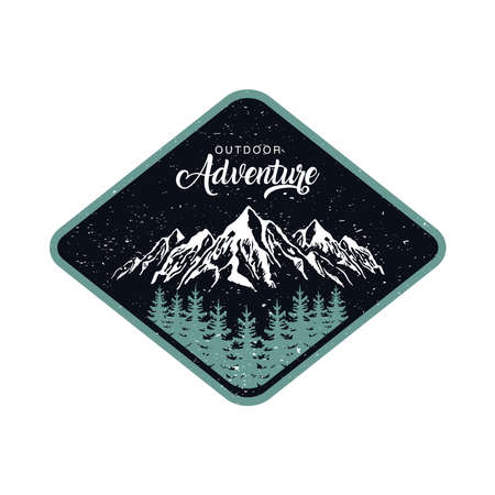outdoor adventure lettering emblem with mountains and forest pines vector illustration designのイラスト素材
