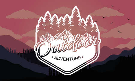 outdoor adventure lettering emblem with pines in landscape vector illustration designのイラスト素材