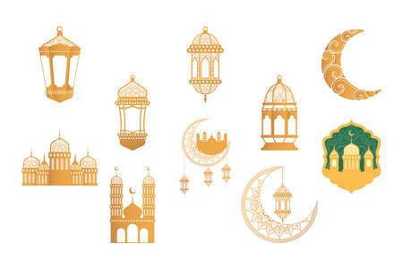 ramadan kareen celebration bundle golden set icons vector illustration designのイラスト素材