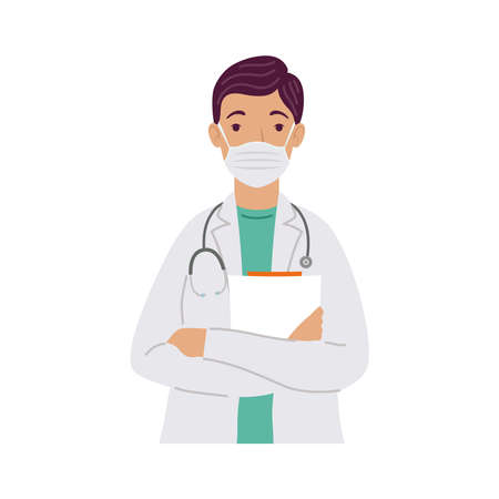 doctor wearing medical mask with stethoscope character vector illustration designのイラスト素材