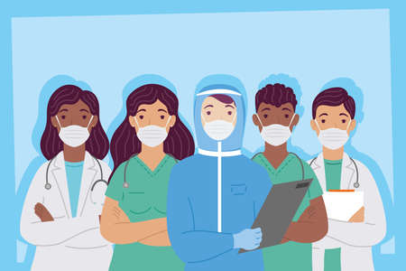 group of interracial doctors staff wearing medical masks vector illustration designのイラスト素材