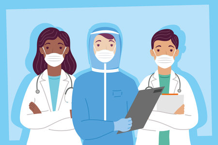 group of doctors staff wearing medical masks characters vector illustration designのイラスト素材