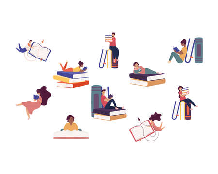 group of ten readers with books ,book day celebration vector illustration designのイラスト素材