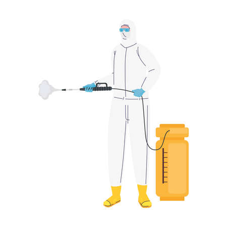 worker wearing bio safety suit disinfecting with sprayer character vector illustration designのイラスト素材