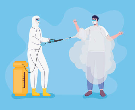 worker wearing bio safety suit disinfecting person vector illustration designのイラスト素材