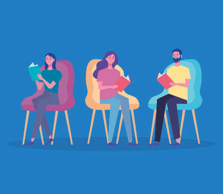 group of readers reading books seated in chairs characters vector illustration designのイラスト素材