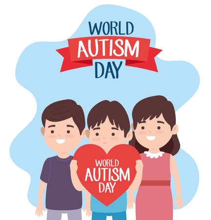 world autism day lettering with little kids lifting heart characters vector illustration designのイラスト素材