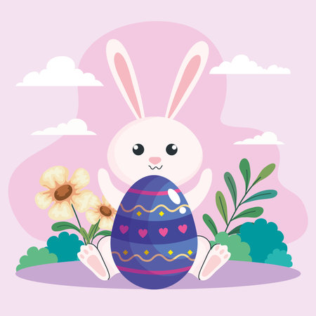 happy easter celebration egg painted with rabbit in garden vector illustration designのイラスト素材