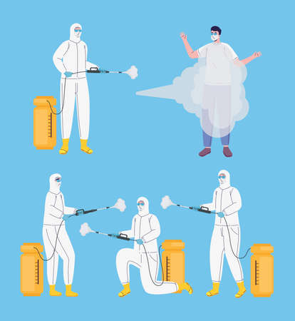 bundle of workers wearing biohazard suits disinfecting vector illustration designのイラスト素材