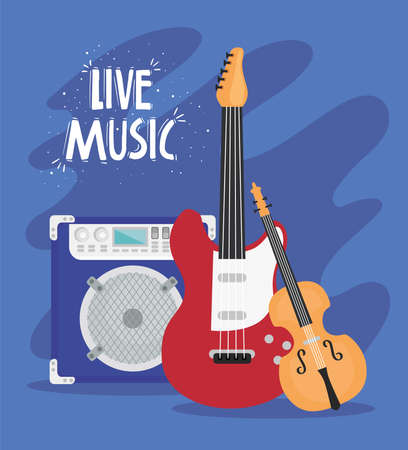 live music lettering with musical instruments vector illustration designのイラスト素材