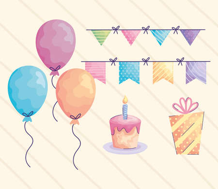 balloons helium and acuarela birthday set icons vector illustration designのイラスト素材