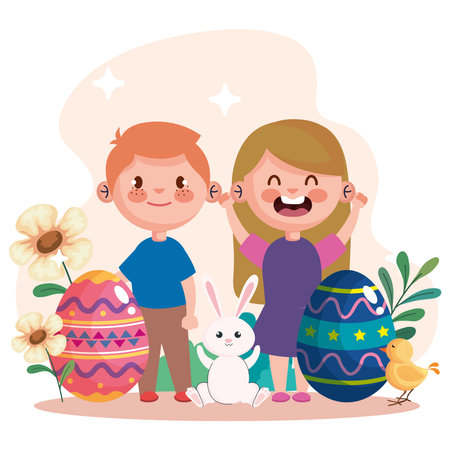 happy easter celebration card with eggs and little kids couple vector illustration designのイラスト素材
