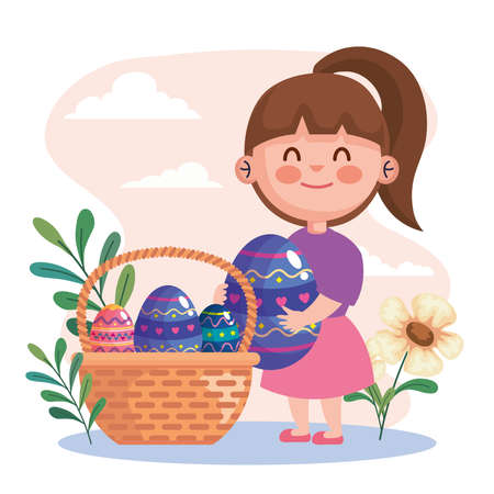 happy easter celebration card with little girl lifting eggs in basket vector illustration designのイラスト素材