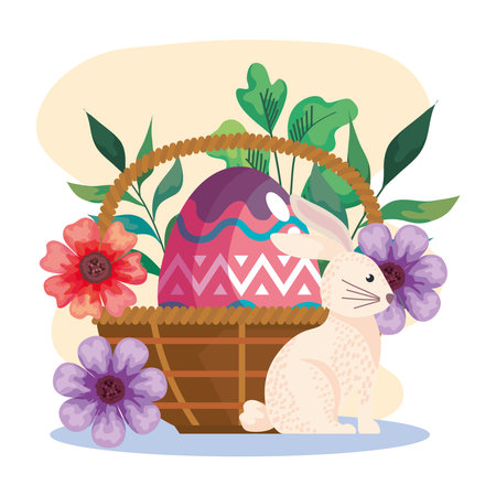 happy easter celebration card with egg painted in basket and cute rabbit vector illustration designのイラスト素材